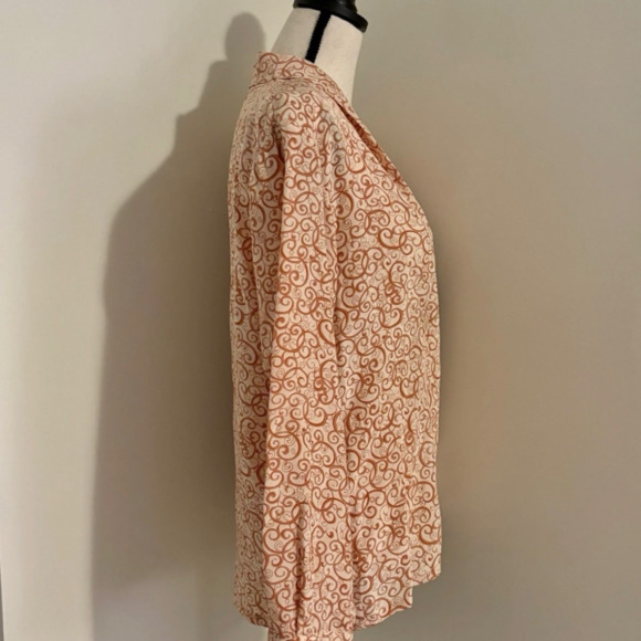 CHRISTIAN DIOR Excellent Vintage 90s Peach & Coral Swirl Print Silk Blouse 8 - Picture 4 of 8